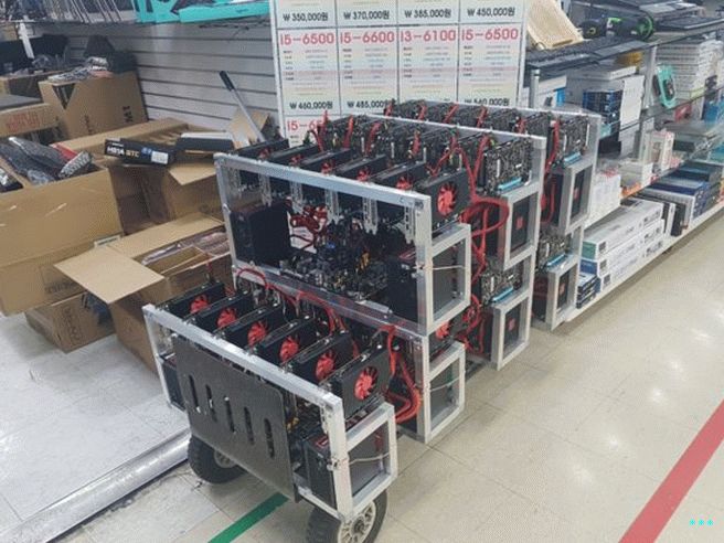 Mining rigs for sale at a South Korean computer shop.