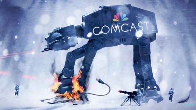 Un véhicule de combat Star Wars AT-AT avec le logo Comcast.